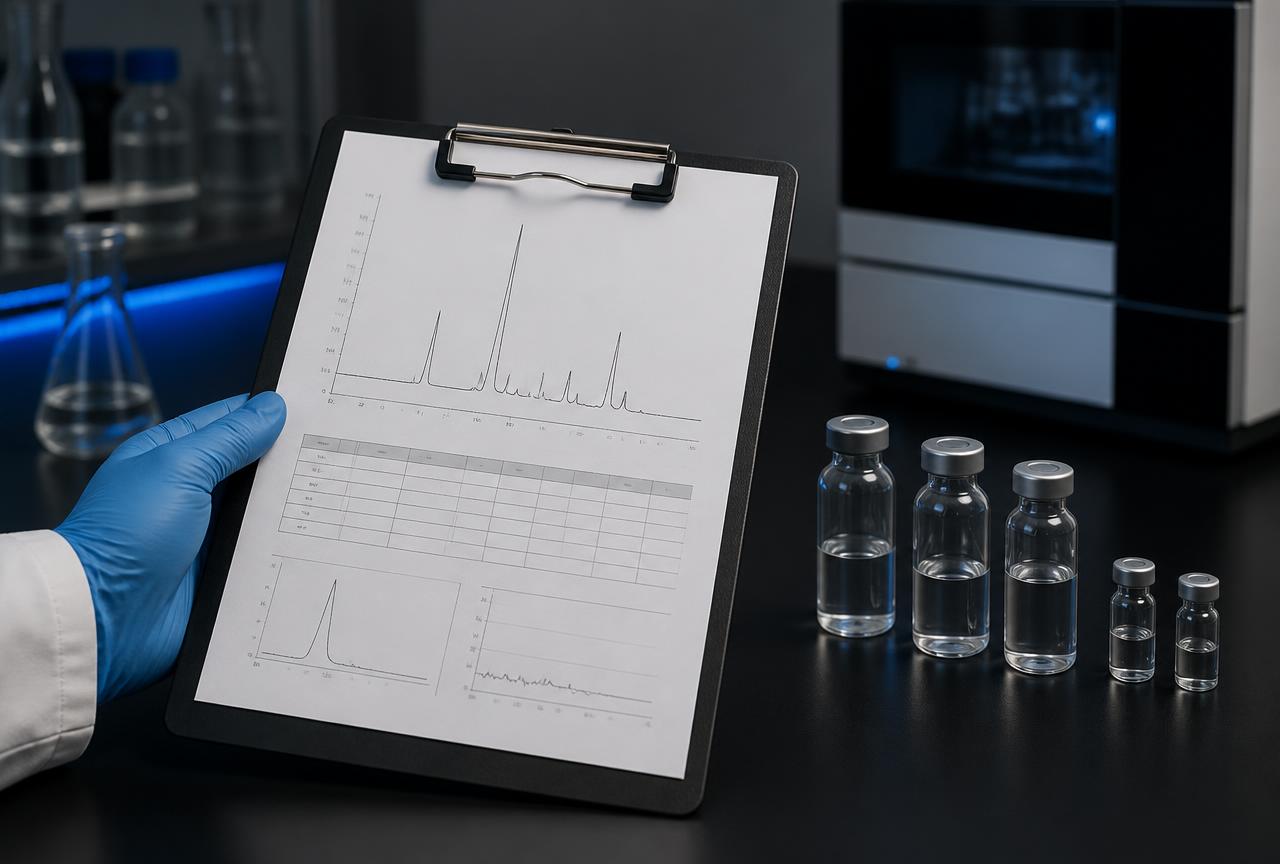 Analytical report on a clipboard beside sealed research vials in a laboratory