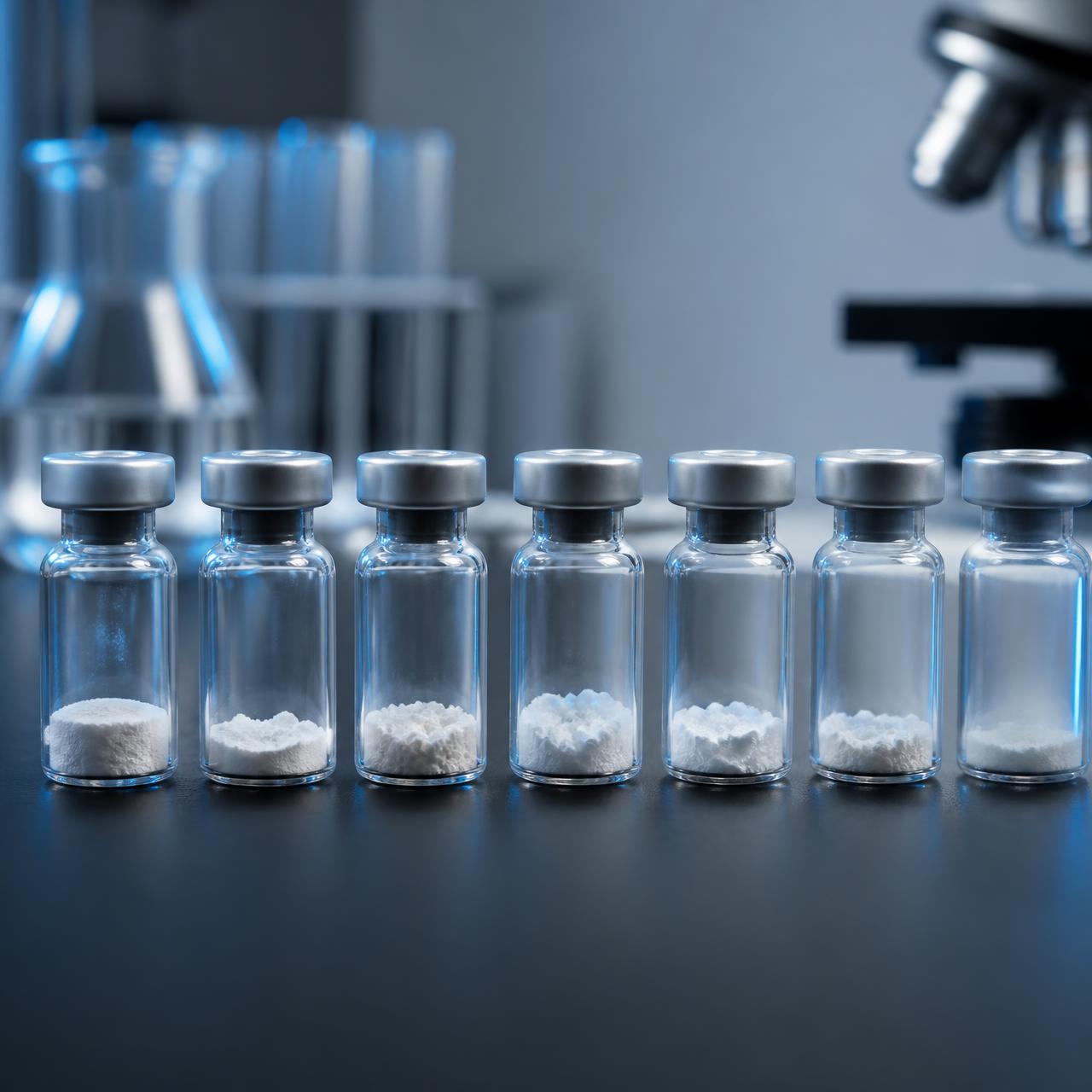 Row of sealed clear glass research vials on a dark laboratory bench